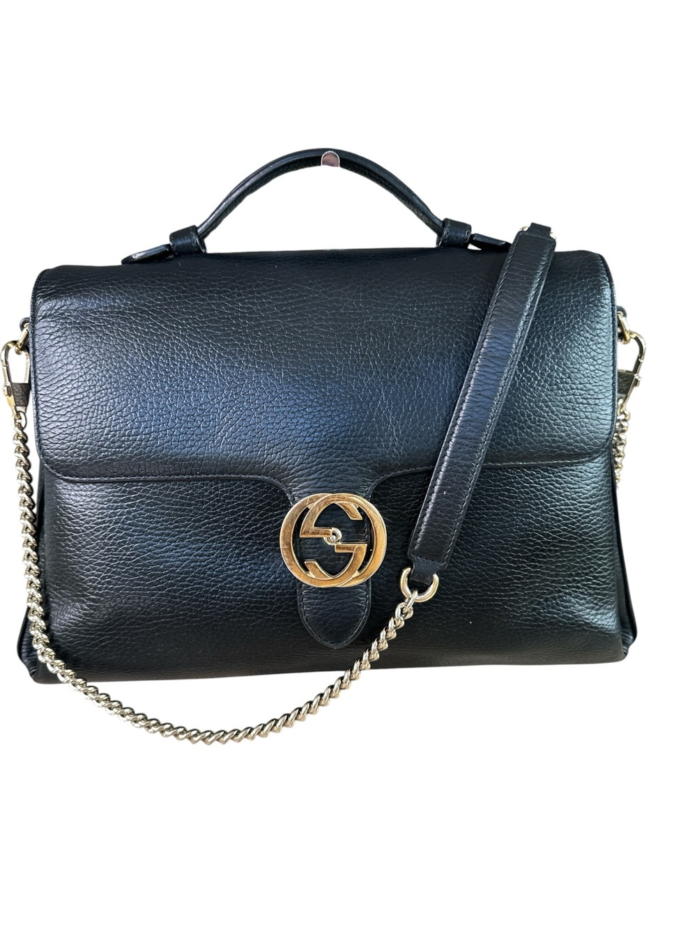 Gucci Black Leather Satchel with Gold GG Chain
